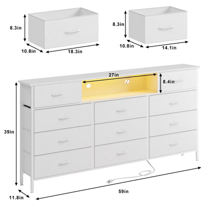 Fixwal Long Dresser for Bedroom with Charging Station and LED Lights, White Dresser TV Stand with 11 Drawers, Fabric Chest of Drawers with PU Finish for Bedroom, Living Room, Entryway