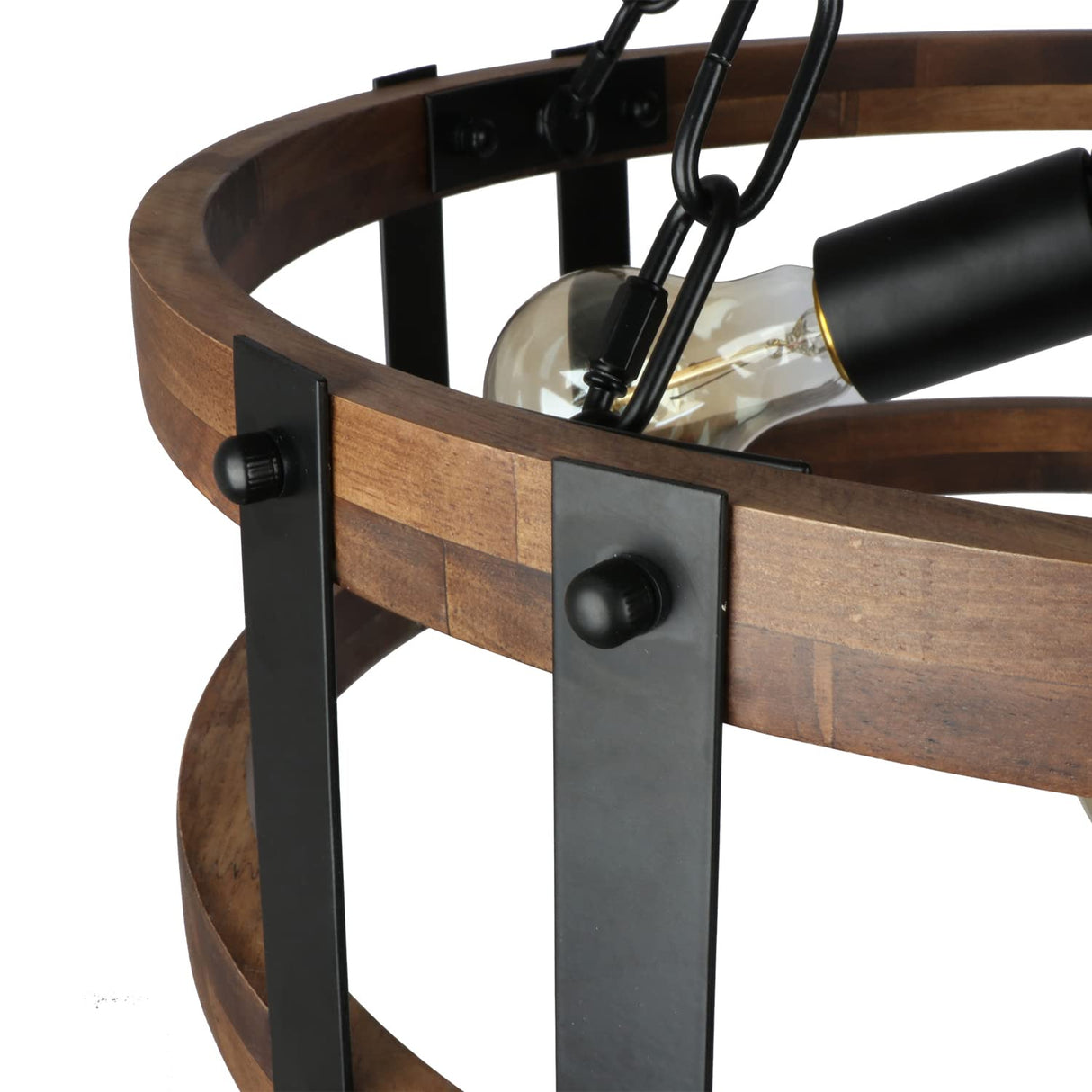 Voguad Farmhouse Rustic Wood Chandelier, 4-Light Industrial Drum Chandelier for Dining Room Vintage Pendant Hanging Light Fixture with Black Metal Accent for Kitchen Living Room Dining Area Voguad