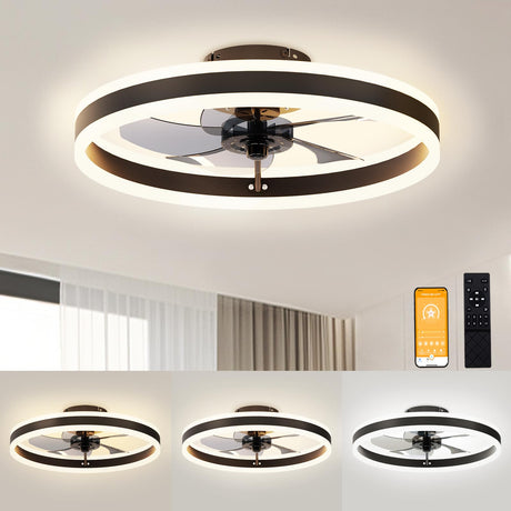 VOLISUN Low Profile Ceiling Fans with Lights and Remote, 19.7in Flush Mount Ceiling Fans with Light, 3000K-6500K Dimmable Fandelier LED Fan Light, Black Bladeless Ceiling Fans with Lights for Bedroom VOLISUN