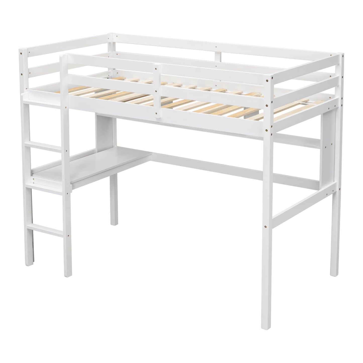 PVWIIK Twin Size Loft Bed with Shelves and Desk,Solid Wood Loft Bed Frame w/Safety Guardrail and Ladder,Space Saving Design, No Box Spring Needed, White