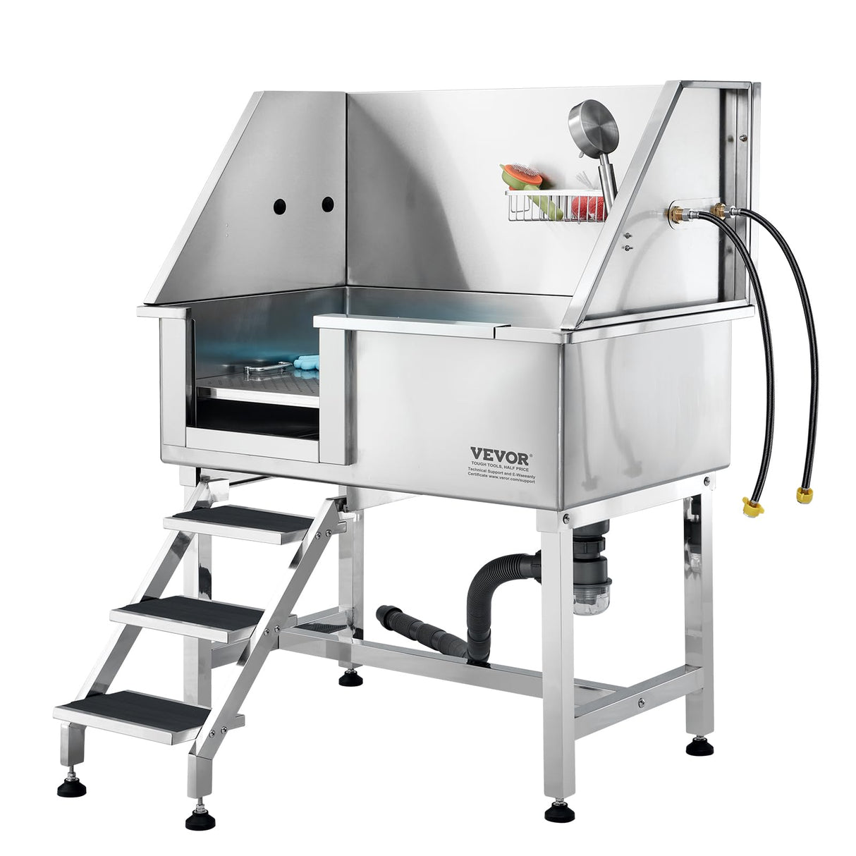 VEVOR 38" Pet Dog Bathing Station w/Ramp, Professional Stainless Steel Dog Grooming Tub w/Storage Drawer, Floor Grate, Faucet, Dog Bathtub for Large,Medium,Small Pets, Washing Sink for Home(Left) VEVOR