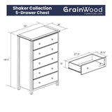 Grain Wood Furniture Shaker 5-Drawer Chest, Solid Wood with an Expresso Finish Grain Wood Furniture