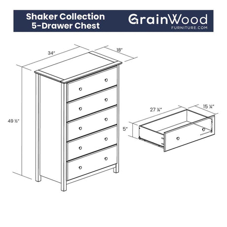 Grain Wood Furniture Shaker 5-Drawer Chest, Solid Wood with an Expresso Finish Grain Wood Furniture