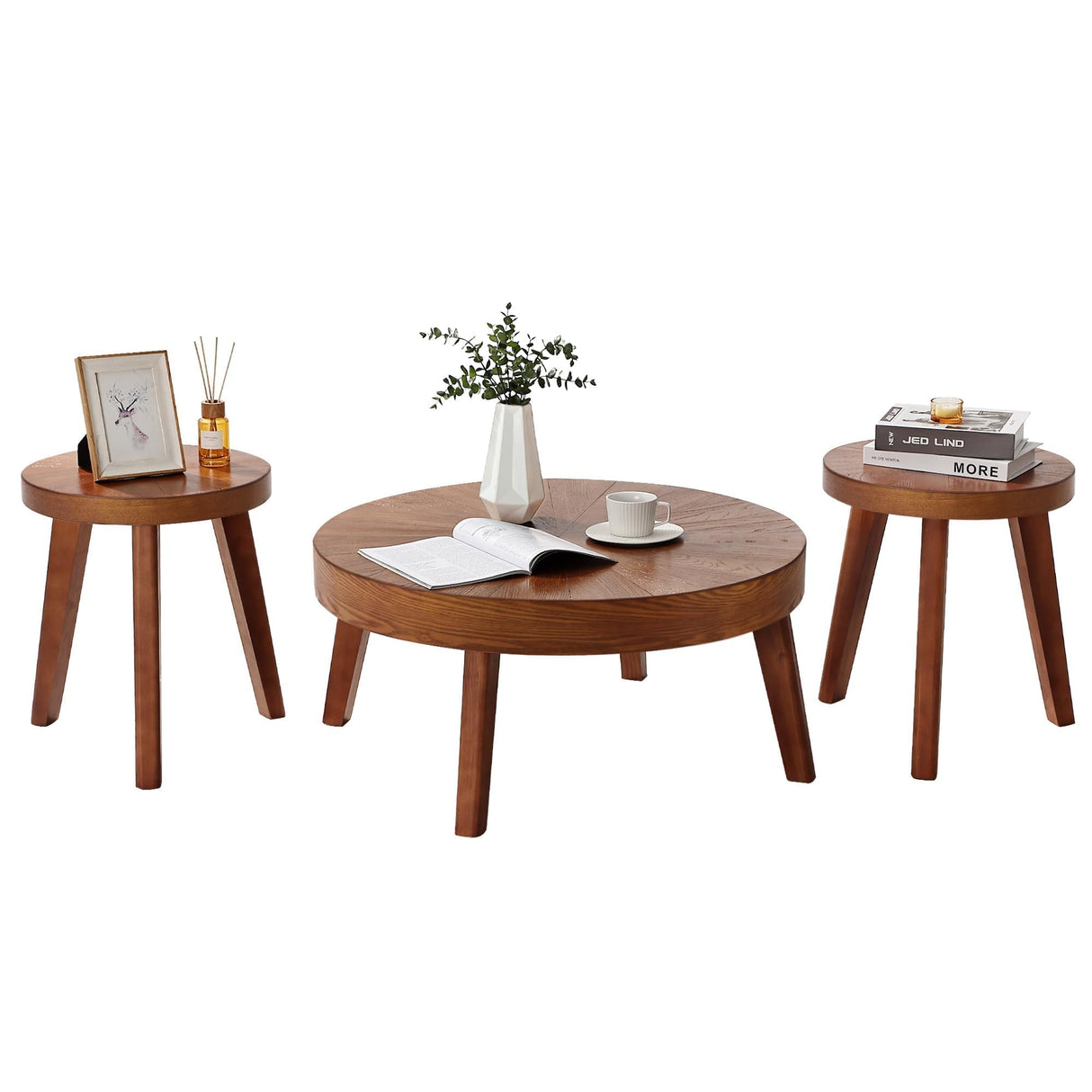 HOKYHOKY Farmhouse Round Coffee Table Set of 3, Boho Sofa Side Nesting Tables End Table Set with Wood Natural Finish for Living Room, Bedroom, Home Office,Brown HOKYHOKY