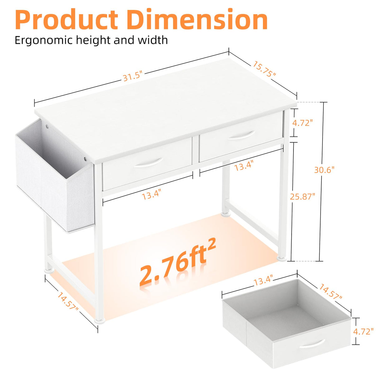 CAIYUN Small Desk with Fabric Drawers, 32 Inch White Vanity Desk for Bedroom, Home Office Computer Desk for Small Space, Modern Work Laptop Study Table, Kids Writing Desk with Storage Bag & Hook CAIYUN