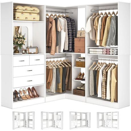 Unikito 86” Closet System, Large Corner Closets Organizer with Hanging Rods and Mirror Design, Freestanding Adjustable Wood Clothes Garment Rack with Drawers, Sturdy Walk in Closet Tower, White Unikito