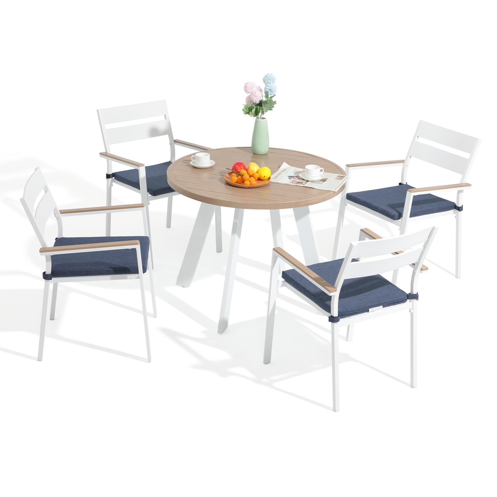 OC Orange-Casual 5 Piece Aluminum Patio Dining Set, Outdoor Furniture Set with 4 Stackable Cushioned Chairs and Round Weather Resistant Table w/Umbrella Hole for Deck, Backyard, Poolside(Dark - WoodArtSupply