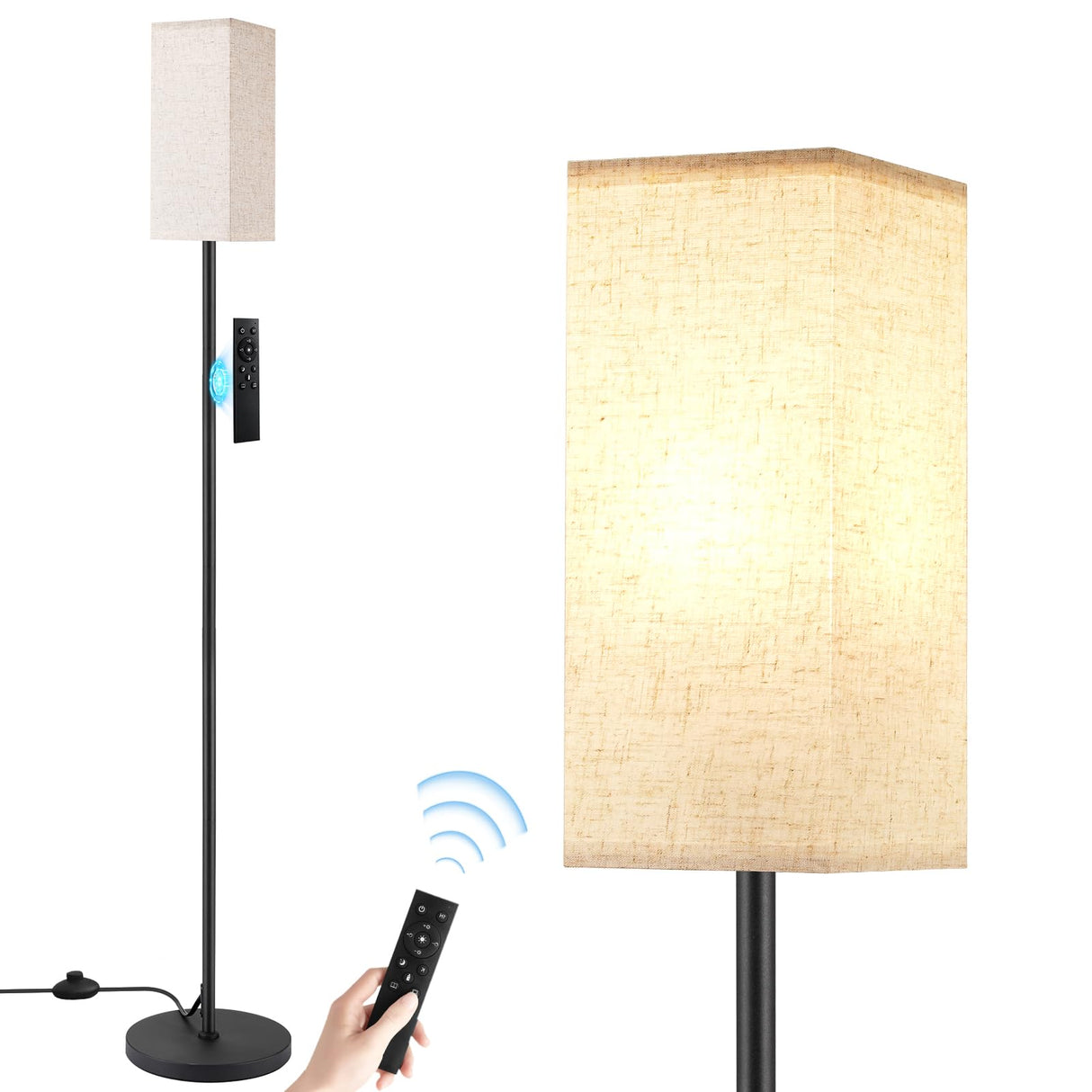 Ambimall Floor Lamps for Living Room & Remote Control, 9W Stepless Dimmable Bulb, Foot Switch, 64'' Tall Standing Lamp, Beige Lampshade(Black) Ambimall