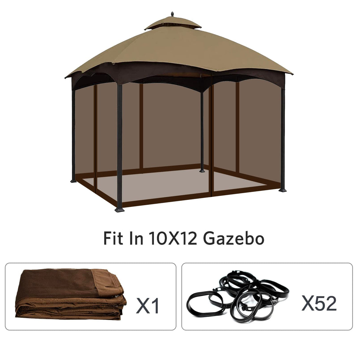 Tanxianzhe 10'x12' Gazebo Replacement Mosquito Netting 4-Panel Patio Screen Walls with Zipper (Brown) Tanxianzhe