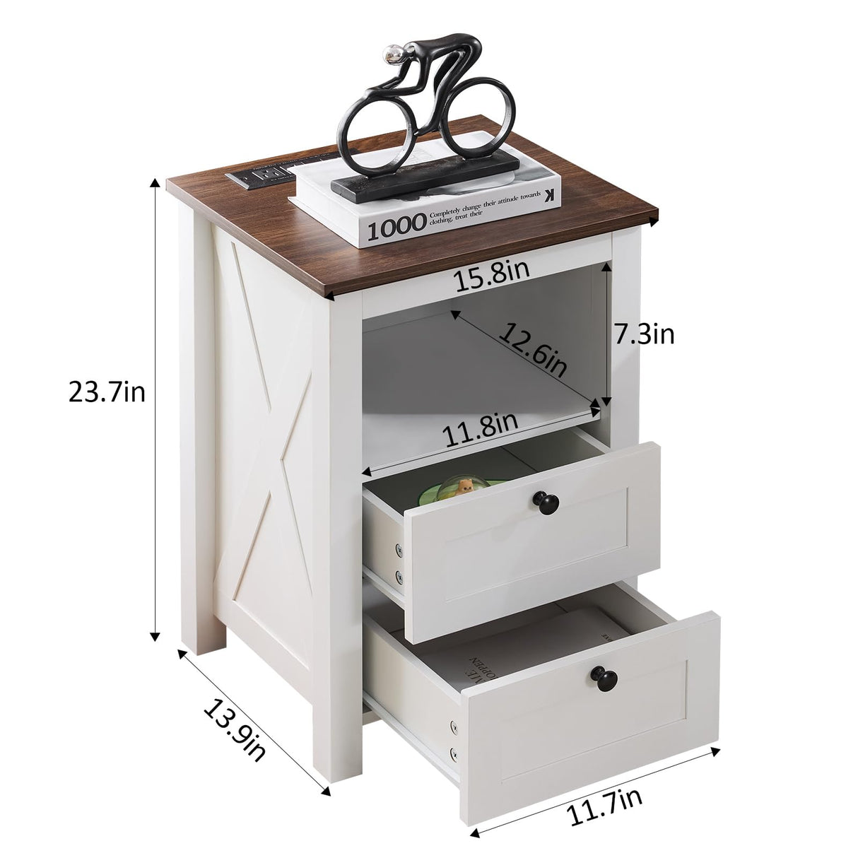 Mellolivin Farmhouse Nightstand with Charging Station and LED Lighting, End Table with 2 Drawers & Open Storage, Farmhouse Design White Bedside Table for Bedroom Mellolivin