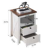 Mellolivin Farmhouse Nightstand with Charging Station and LED Lighting, End Table with 2 Drawers & Open Storage, Farmhouse Design White Bedside Table for Bedroom Mellolivin