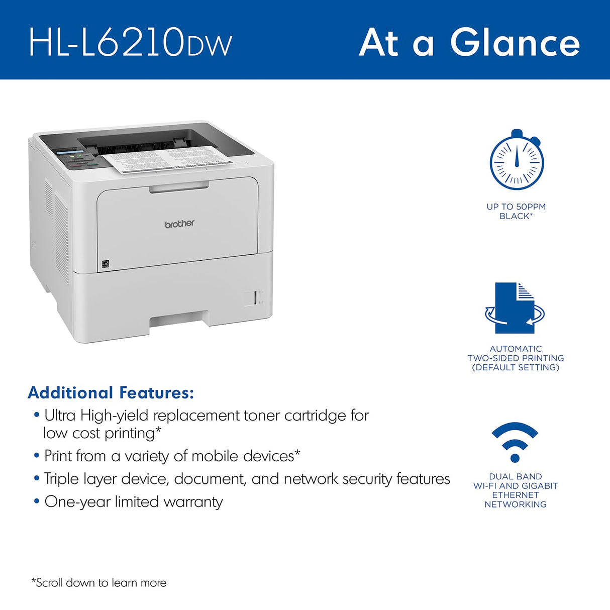 Brother HL-L6210DW Business Monochrome Laser Printer with Large Paper Capacity, Wireless Networking, and Duplex Printing, White Brother