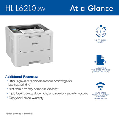 Brother HL-L6210DW Business Monochrome Laser Printer with Large Paper Capacity, Wireless Networking, and Duplex Printing, White