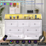 GlouMod LED Dresser with Charging Station, 7 Drawer Dresser for Bedroom, Chest of Drawers with LED Lights, Wood Dresser for Closet, Living Room, Hallway, Kids Room, Large White Dresser GlouMod
