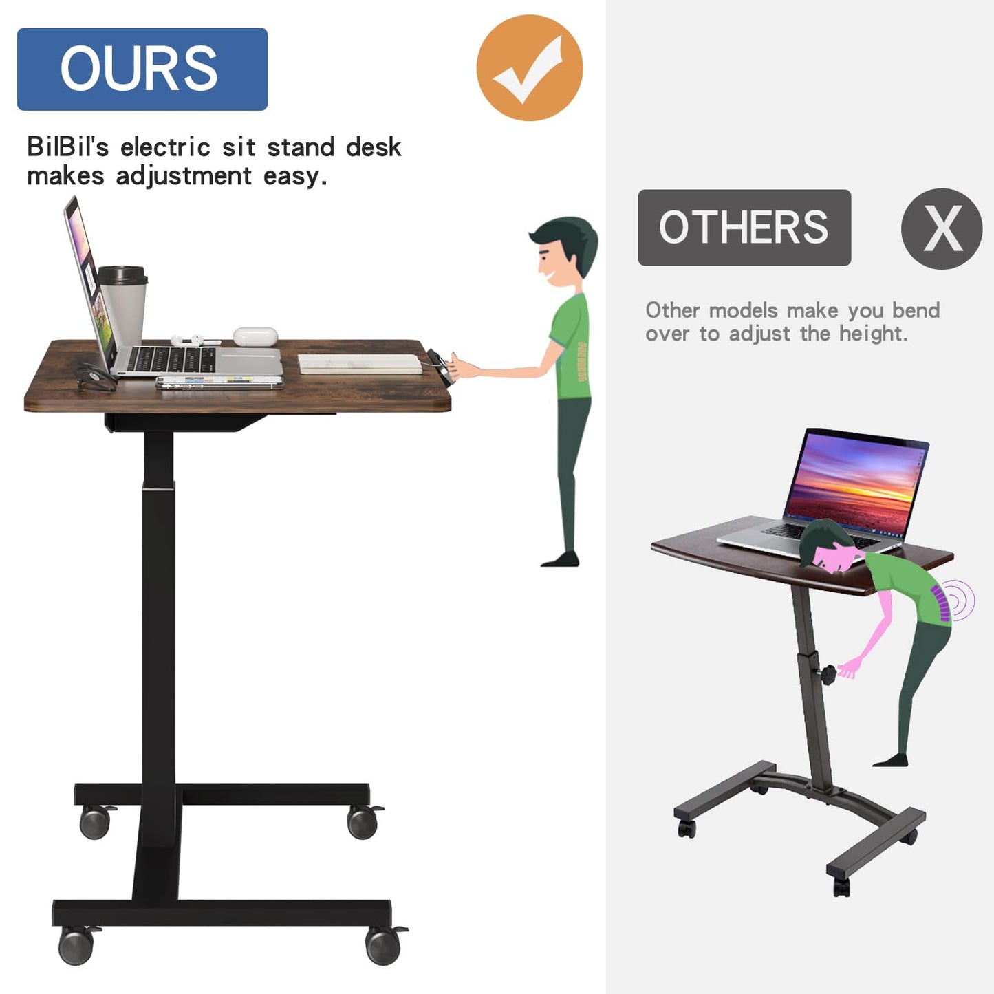 BilBil Electric Standing Desks with Lockable Wheels, 32*24 inch Height Adjustable Sit to Stand Desk, Overbed Laptop Table Desk, Mobile Rolling Desk, - WoodArtSupply