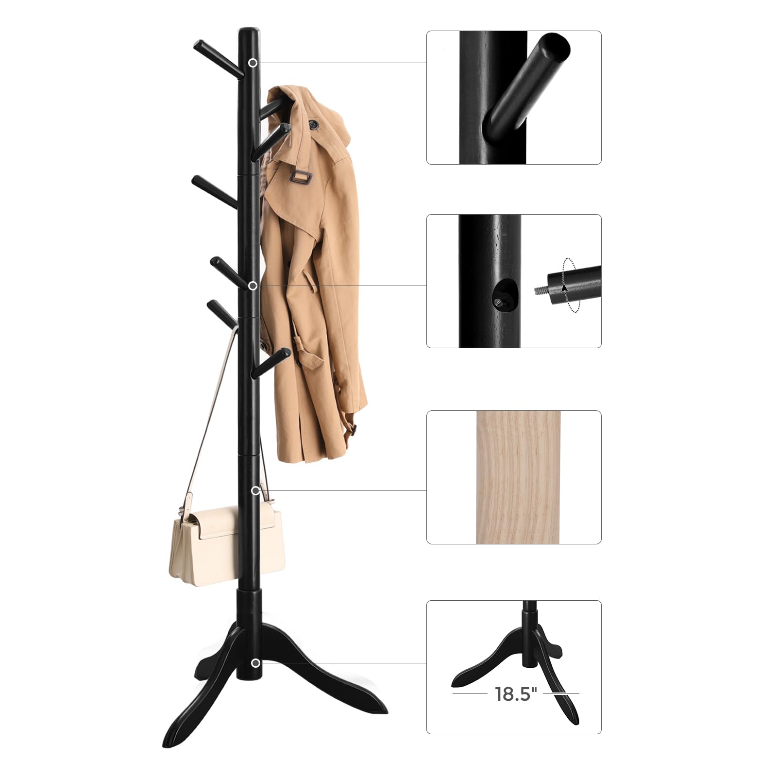 VASAGLE Solid Wood Coat Rack, Free Standing Coat Rack, Tree-Shaped Coat Rack with 8 Hooks, 3 Height Options, for Clothes, Hats, Bags, for Living Room, Bedroom, Home Office, Black URCR001B01 - WoodArtSupply