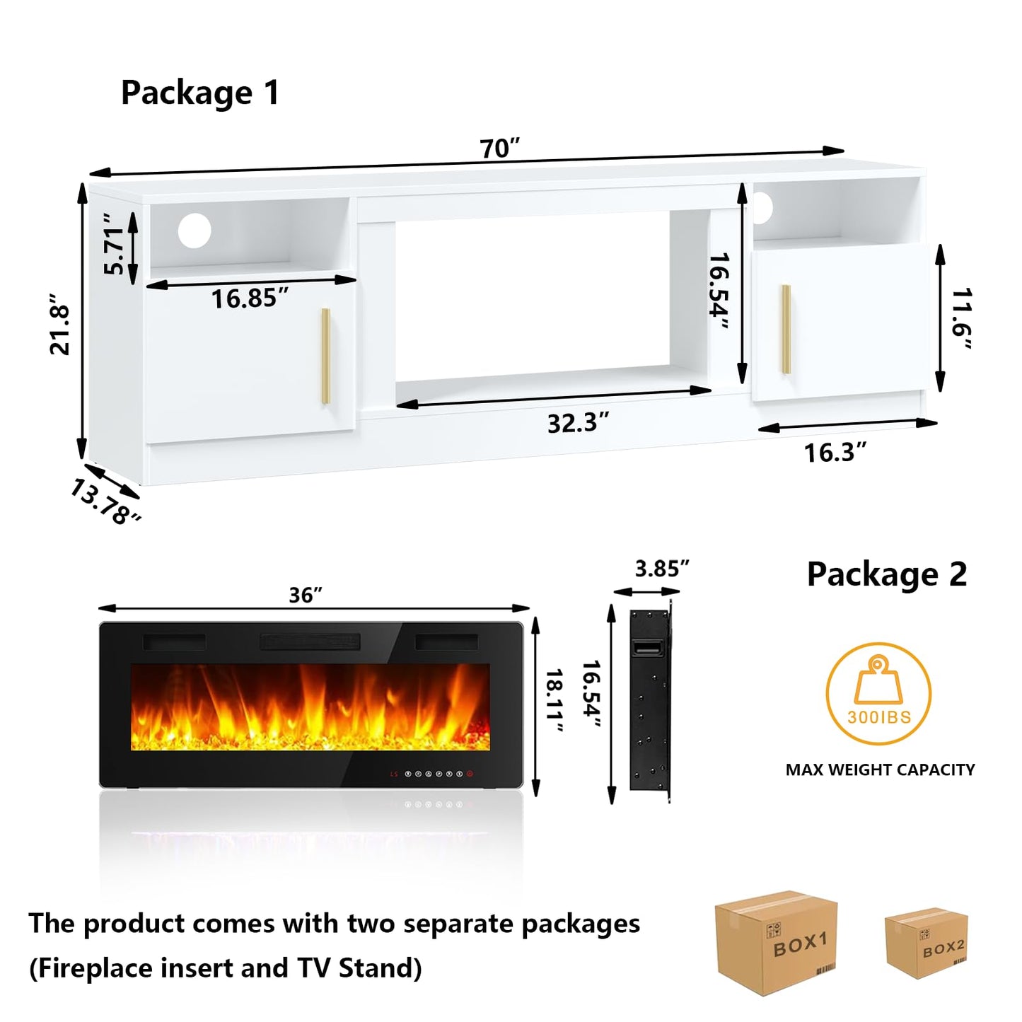 TAVATA Fireplace TV Stand Entertainment Center with 36" Fireplace, 70" Wooden TV Stand for TVs Up to 80",Media TV Console with High Gloss Storage Cabinet and 16 Colors LED Lights (White) - WoodArtSupply