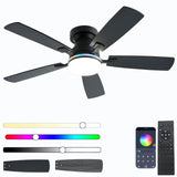 Ayaoty Ceiling Fans with Lights, 48 inch Low Profile Ceiling Fan with Light and Remote Control, Flush Mount RGB Dimmable Light, Noiseless, Black Ceiling Fan for Bedroom Indoor/Outdoor Use Ayaoty