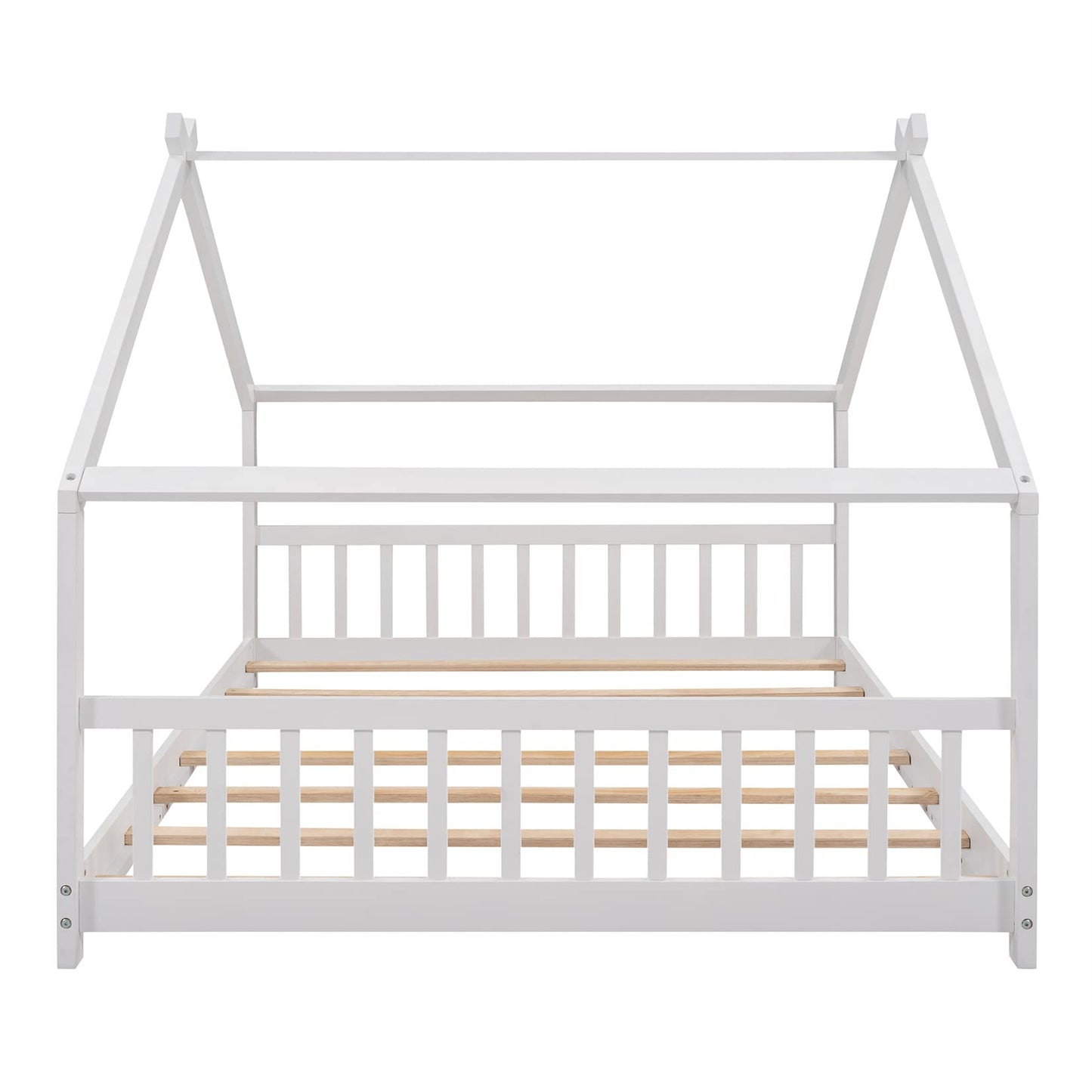 Full House Beds White Montessori Bed Wood Frame Kids Platform Bed with Headboard & Footboard for Children Boys Girls Teens - WoodArtSupply