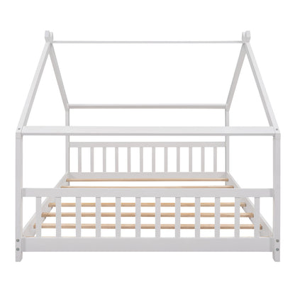 Full House Beds White Montessori Bed Wood Frame Kids Platform Bed with Headboard & Footboard for Children Boys Girls Teens - WoodArtSupply