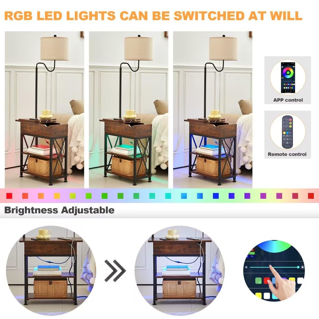 Dungoo Floor Lamp with Table, Narrow End Table with LED Lights Remote Control, Nightstand with USB & AC Outlets, Fliptop Storage Shelf End Table with Lamp Attached for Living Room Dungoo