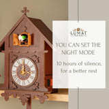 Lumat Cuckoo Clock - Modern Brown Cuckoo Clocks for Wall - Natural melodies - Volume Control - Night Mode - Perfect for Adults, Kids and Families - Battery Powered Lumat