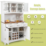 COSTWAY Kitchen Hutch Storage Cabinet, Freestanding Pantry Buffet Sideboard, Modern Buffet Cupboard w/Wine Rack, Adjustable Shelves, Tempered Glass Cabinets, Drawers, Microwave Stand (White) COSTWAY