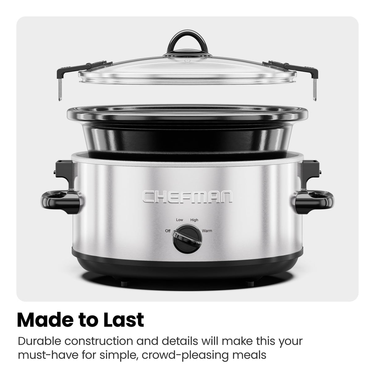 Chefman 6 Quart Slow Cooker with Locking Lid, Ceramic Crock with Portable Cook and Carry Travel Latching Lock, Large Easy Clean Dishwasher Safe Pot Insert, Manual 3 Heat Settings, Stainless Steel Chefman