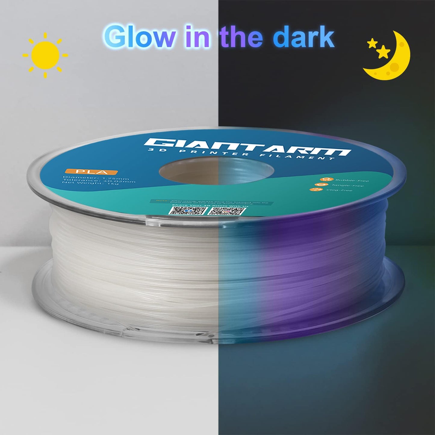 GIANTARM Glow in The Dark Rainbow Luminous PLA Filament 1.75mm, 1kg 3D Printer Multicolor Filament Gradient, Color Change in 10 Meters, with High Brightness, Fast Glow and Long Time Glowing - WoodArtSupply