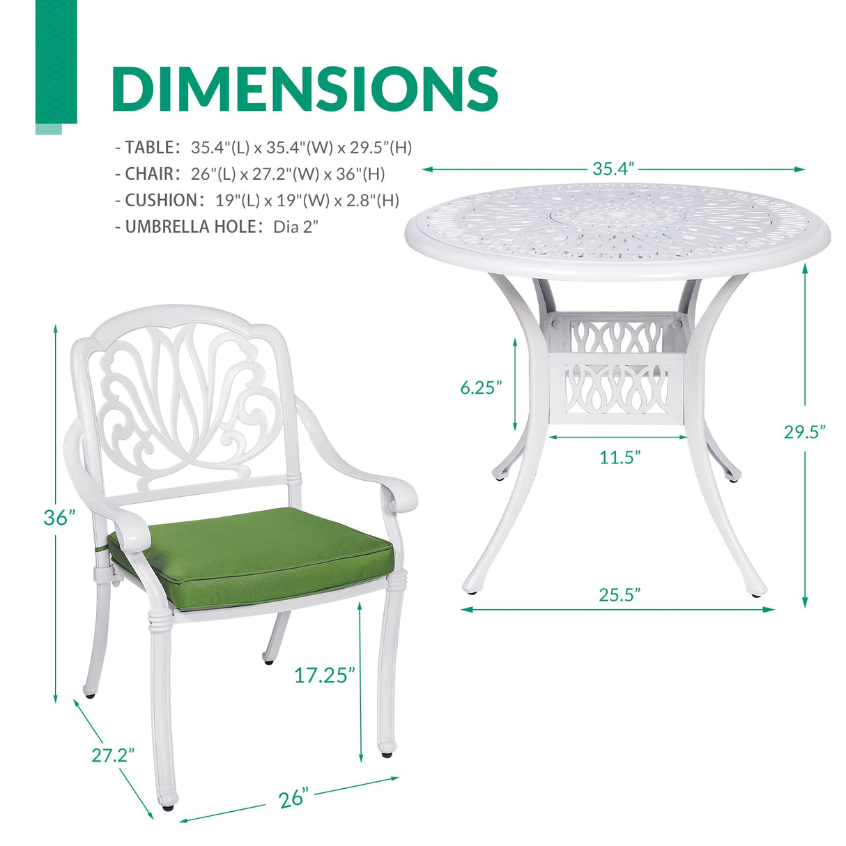 VIVIJASON 5-Piece Patio Furniture Dining Set, All-Weather White Cast Aluminum Outdoor Conversation Set, Include 4 Cushioned Chairs and a 35.4" Round Table w/Umbrella Hole for Balcony Lawn Garden VIVIJASON