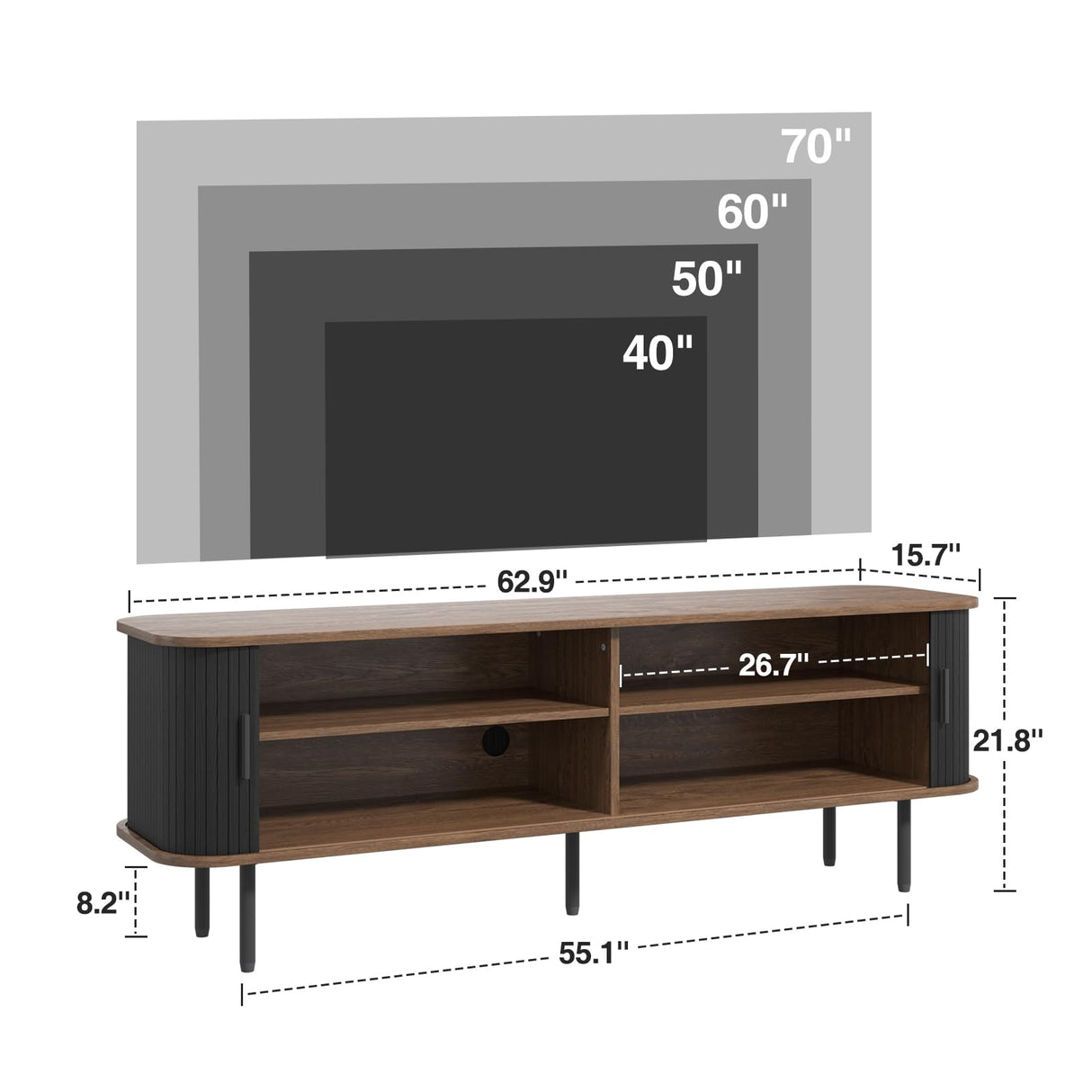63" Modern Fluted TV Stand for TVs up to 75 Inch , Gaming Entertainment Center with Tambour Slatted Sliding Doors and Storage Cabinet, Media TV Consoles Table for Living Room, Office, Black FiveWillowise