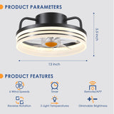 BYKISTOK Ceiling Fans with Lights - 13" Bladeless Flush Mount Ceiling Fans with Remote and Led Light, 3CCT 6 Speeds 2 Timer, Black Low Profile Ceiling Fan Light for Modern Indoor Bedroom BYKISTOK