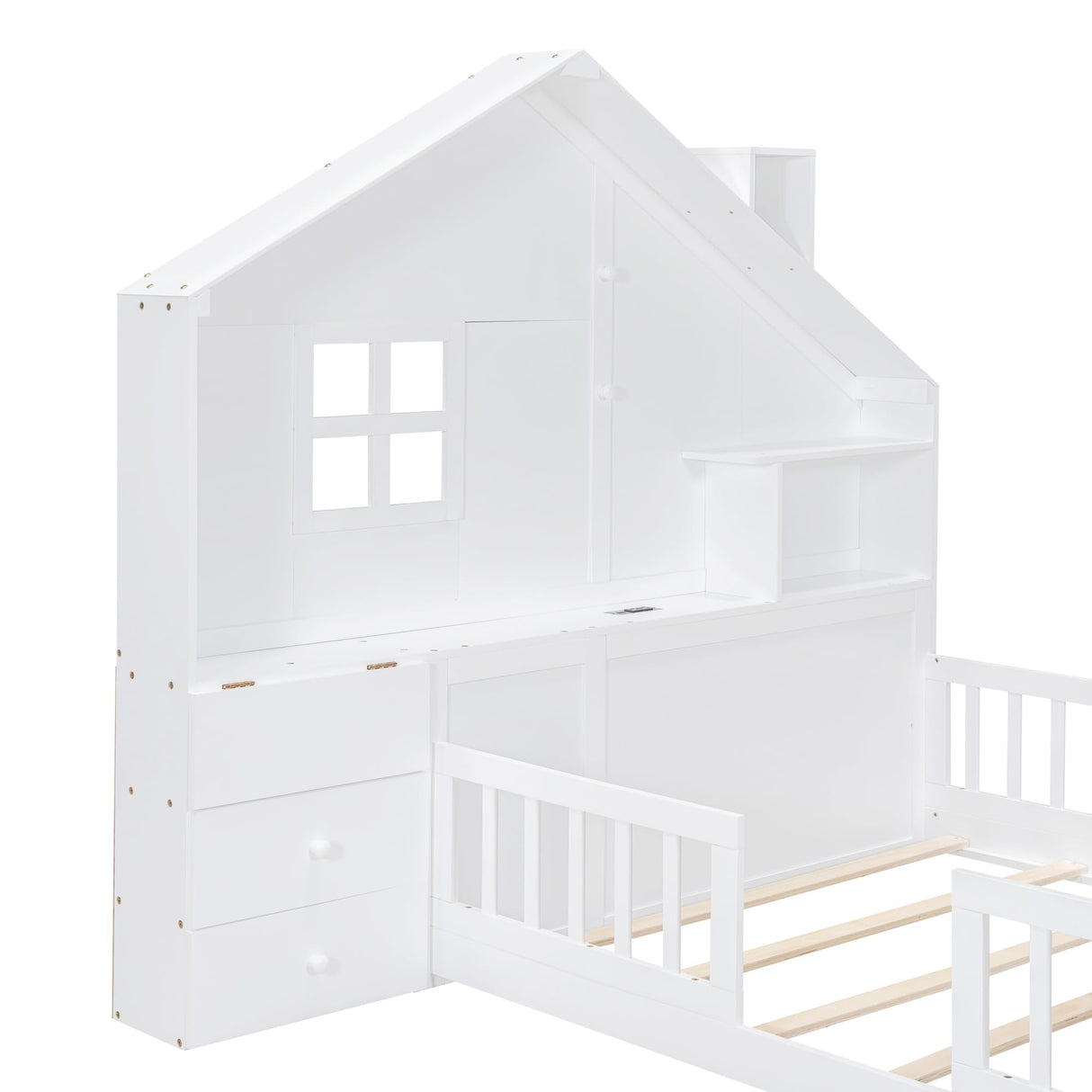 MERITLINE White Montessori Floor Bed with House Design, Drawers, Shelves, and USB Ports for Kids MERITLINE