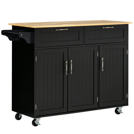 HOMCOM Mobile Kitchen Island with Storage, Kitchen Cart with Wood Top, Storage Drawers, 3-door Cabinets, Adjustable Shelves and Towel Rack, Black HOMCOM