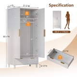 VINGLI Fluted Wardrobe Closet Armoire with Doors And Drawers, White Wardrobe Cabinet with Hanging Rack, Bedroom Closet Wood, Free Standing Armoire with Shelf and Solid Wood Legs, 31.5"W*19.7"D*69.3"H VINGLI