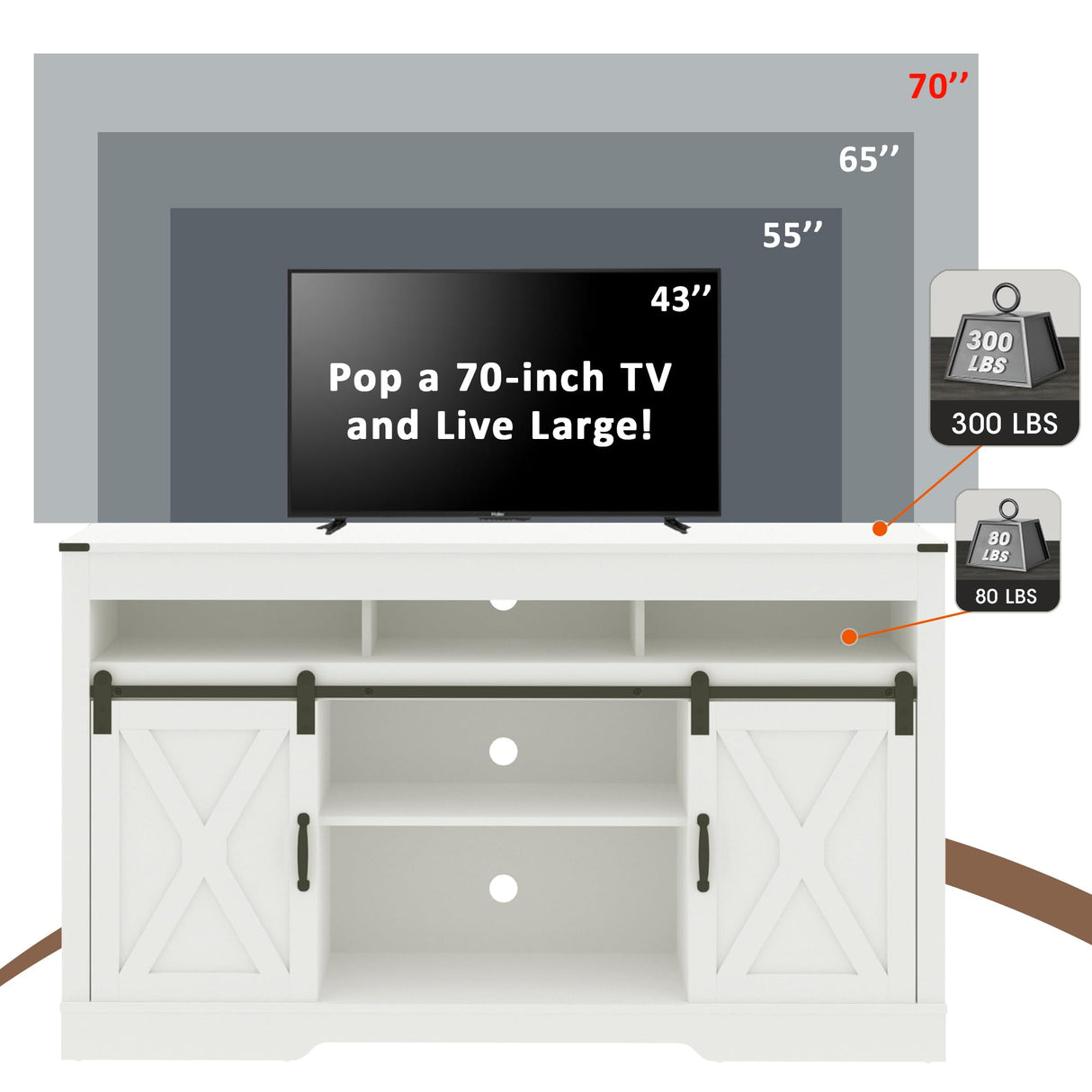RoyalCraft Farmhouse TV Stand with Sliding Barn Door for TVs up to 65+ Inch, 34" Tall Entertainment Center, Wood Media Console Storage Cabinet for Bedroom, Living Room, White RoyalCraft