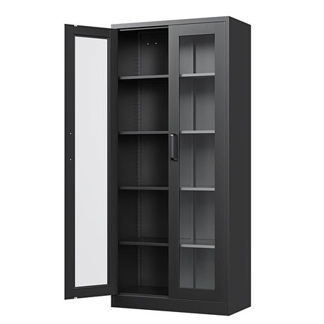 PEUKC Display Cabinet with Glass Doors, 67-inch Curio Cabinets with 4 Adjustable Shelves, HD&Tempered Glass Cabinet Display Case for Home, Office, Clinic, Pantry, Assemble Required, Black PEUKC