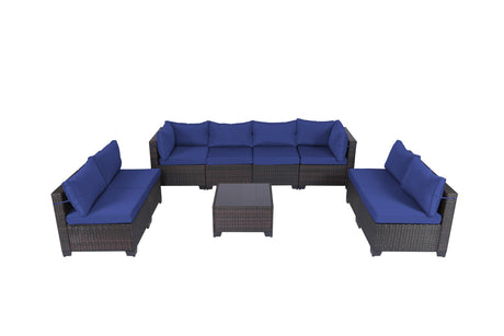 LEVELEVE 9 Pieces Outdoor Patio Furniture Sets,Rattan Conversation Sectional Set,Manual Weaving Wicker Patio Sofa with Tea Table（Dark Blue LEVELEVE