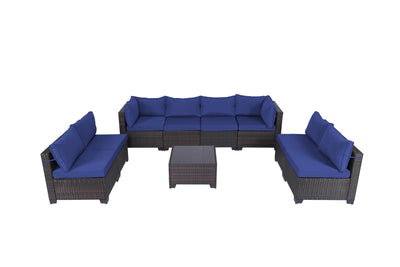 LEVELEVE 9 Pieces Outdoor Patio Furniture Sets,Rattan Conversation Sectional Set,Manual Weaving Wicker Patio Sofa with Tea Table（Dark Blue