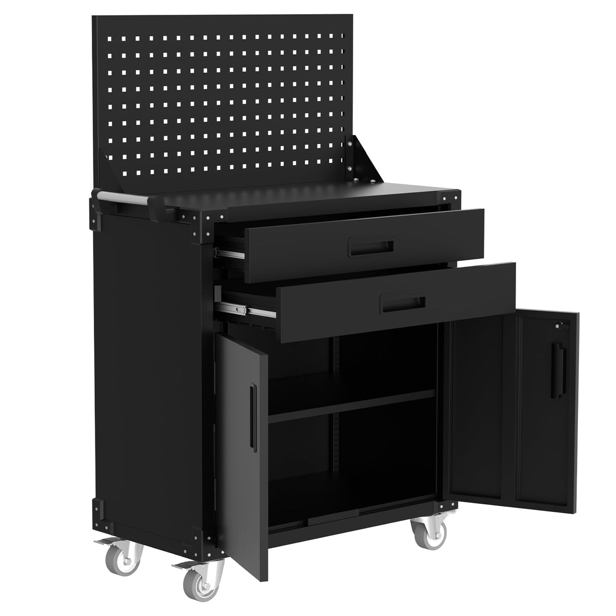 GarveeHome Rolling Tool Cabinet, Heavy Duty Steel Garage Storage Cabinet with 2 Drawers, Pegboard & 4 Wheels, Lockable Tool Cart Workbench for Workshop, Warehouse GarveeHome