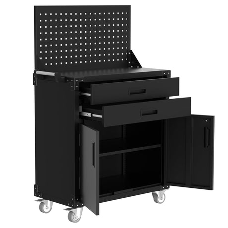 GarveeHome Rolling Tool Cabinet, Heavy Duty Steel Garage Storage Cabinet with 2 Drawers, Pegboard & 4 Wheels, Lockable Tool Cart Workbench for Workshop, Warehouse GarveeHome
