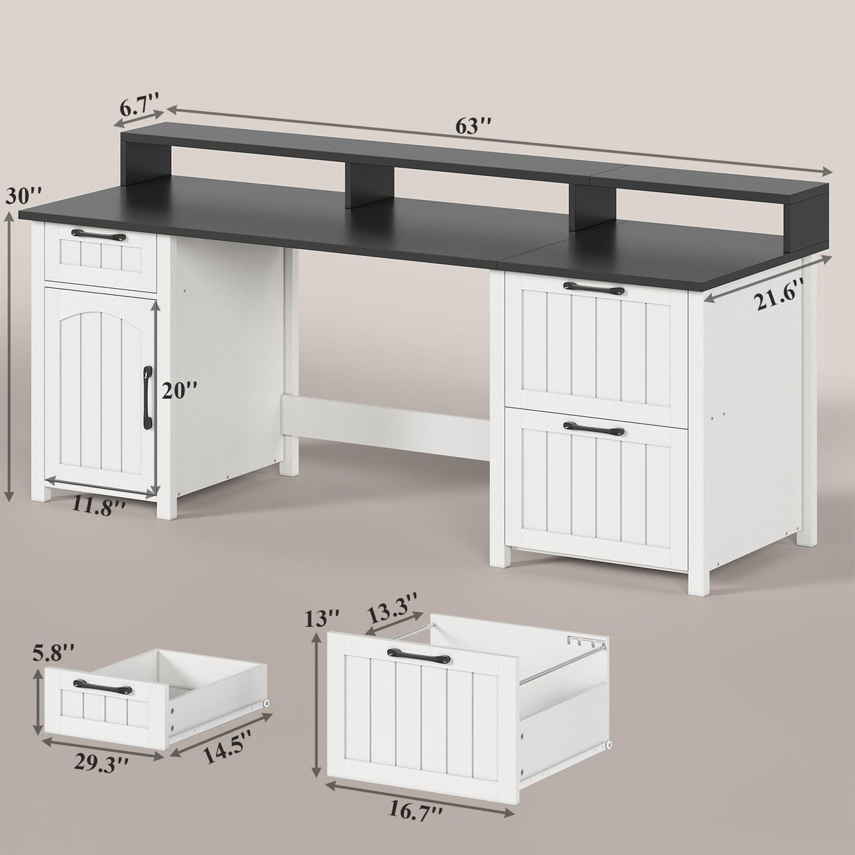 SEDETA Farmhouse 63" Executive Desk, Wood Computer Desk with Drawers and Storage Cabinet, Home Office Desk with File Drawer and Monitor Stand, Wood Desk for Work Study Writing, White SEDETA