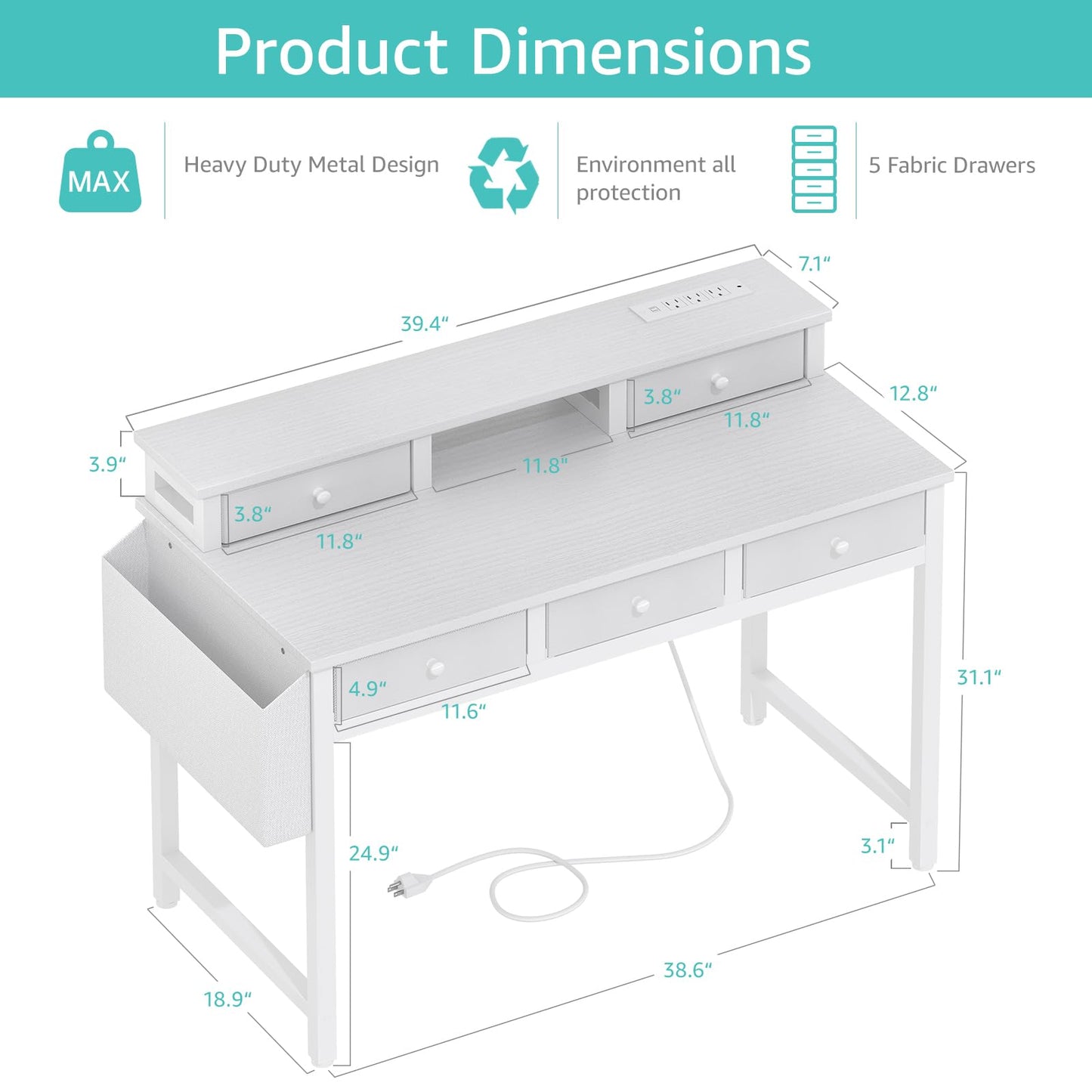 Lufeiya White Computer Desk with Fabric Drawers for Home Office, 40 inch Vanity Makeup Desk with Drawers Storage for Bedroom, Writing Study Table with Power Outlet & Monitor Stand, White - WoodArtSupply