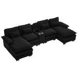 U Shaped Cloud Couch Sectional Sofa, 124" Comfy Fluffy Chenille Cloud Black Sectional Couches for Living Room with Double Chaise Lounge, Modern Modular Sofa with Central Console & USB Port ONEMMLION