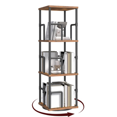 MAHANCRIS 3-Tier Rotating Bookshelf, Freestanding Corner Bookshelf, 360° Spinning Bookcase, Industrial Style Storage Rack with Rails, for Living Room, Bedroom, Study, Rustic Brown and Black BKHR1401