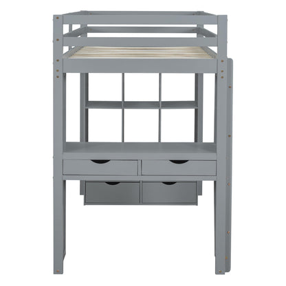 Harper & Bright Designs Twin Size Loft Bed with Desk & Storage Shelves, Wood Loft Bed Twin Size with LED Lights, Hight Loft Bed Frame for Kids,Boys,Girls,Teens, Gray