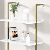 3 Tier White & Gold Ladder Shelf with Storage Cabinet, Modern Ladder Bookshelf with Doors, Wall Mount Bookcase with Metal Frame, Display Shelves for Living Room, Bedroom, Bathroom, Home Office Halitaa