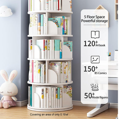 360° Rotating Bookshelf Tower – 4/5 Tier White Floor Standing Book Storage Rack for Kids and Adults - WoodArtSupply