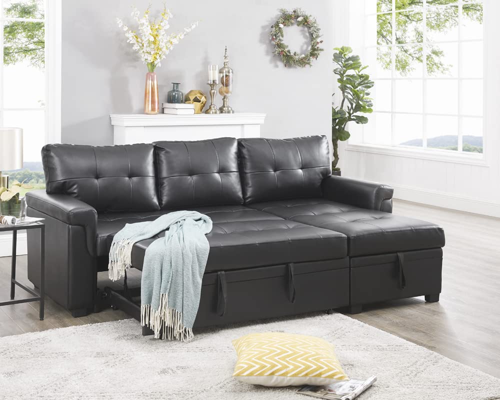 Naomi Home 85 in. Convertible Sofa with Storage, Reversible L Shape Sofa Couch with Chaise, Comfy Sectional Couches for Living Room, Black - Air Leather