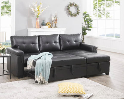 Naomi Home 85 in. Convertible Sofa with Storage, Reversible L Shape Sofa Couch with Chaise, Comfy Sectional Couches for Living Room, Black - Air Leather